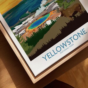 Yellowstone National Park canvas wall art in a natural wood floating frame, close-up view