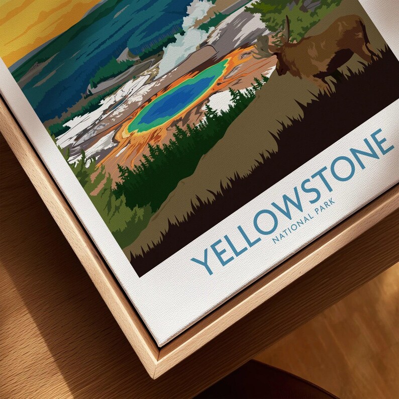 Yellowstone National Park canvas wall art in a natural wood floating frame, close-up view