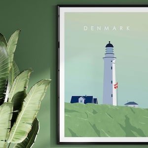 May include: A minimalist poster featuring a white lighthouse on a green hill. The poster has the word "DENMARK" at the top and a small Danish flag flying from the lighthouse.