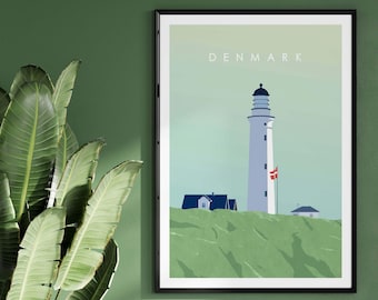 May include: A minimalist poster with a white lighthouse on a green hill. The poster has the word "DENMARK" at the top and a small Danish flag flying from the lighthouse.