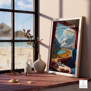 Orient Express Train Print | Vintage Rail Travel Decor showcasing scenic view by a window in a stylish room.