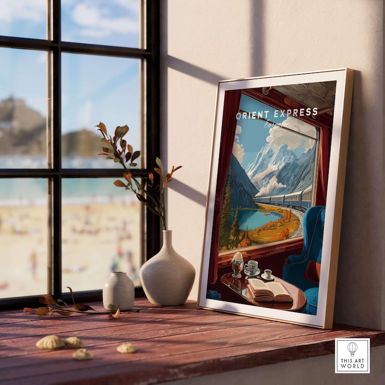 Orient Express Train Print | Vintage Rail Travel Decor showcasing scenic view by a window in a stylish room.