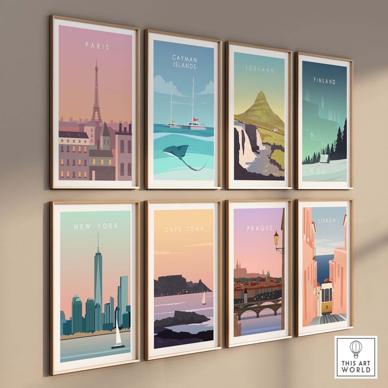 May include: Eight framed travel art prints featuring iconic locations: Paris, Cayman Islands, Iceland, Finland, New York, Cape Town, Prague, and Lisbon. Each print has a minimalist design with a color palette of pastels and earth tones.