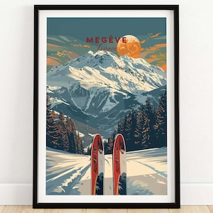 Megève Travel Poster - Megève Ski Resort Art Print Skiing Wall Art France Winter Sports Artwork Ski Lodge Decor Art Mountain Poster Gift Art
