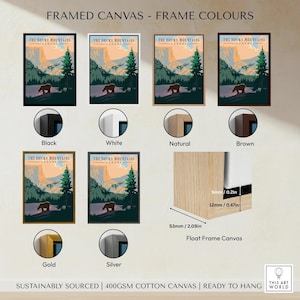 Rocky Mountains Canada travel poster with six framed canvas color options and float frame details.