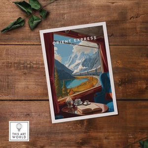 Orient Express Train Print | Vintage Rail Travel Decor featuring scenic view from a train window.