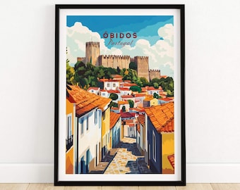 Peut inclure: Une illustration colorée de la ville d'Óbidos, au Portugal. L'image représente un château médiéval sur une colline surplombant une rue pavée bordée de bâtiments colorés. Le texte "Óbidos Portugal" est écrit dans le coin supérieur droit de l'image.