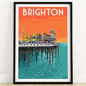 Brighton Poster | Brighton Print | Wall Art Travel Poster of Brighton | Brighton Pier Artwork | UK Vintage Retro Travel Poster