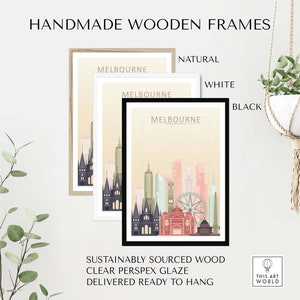 May include: Three framed prints of a city skyline with the word "Melbourne" printed on each. The frames are available in natural wood, white, and black.