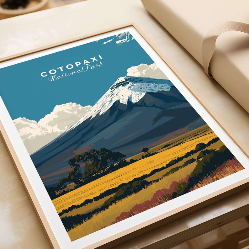Cotopaxi National Park travel poster with a panoramic view of snow-capped volcano and golden fields in Ecuador.