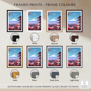 Tokyo Travel Poster framed prints in various colors including black, white, natural, brown, gold, silver, dark grey, and light grey.
