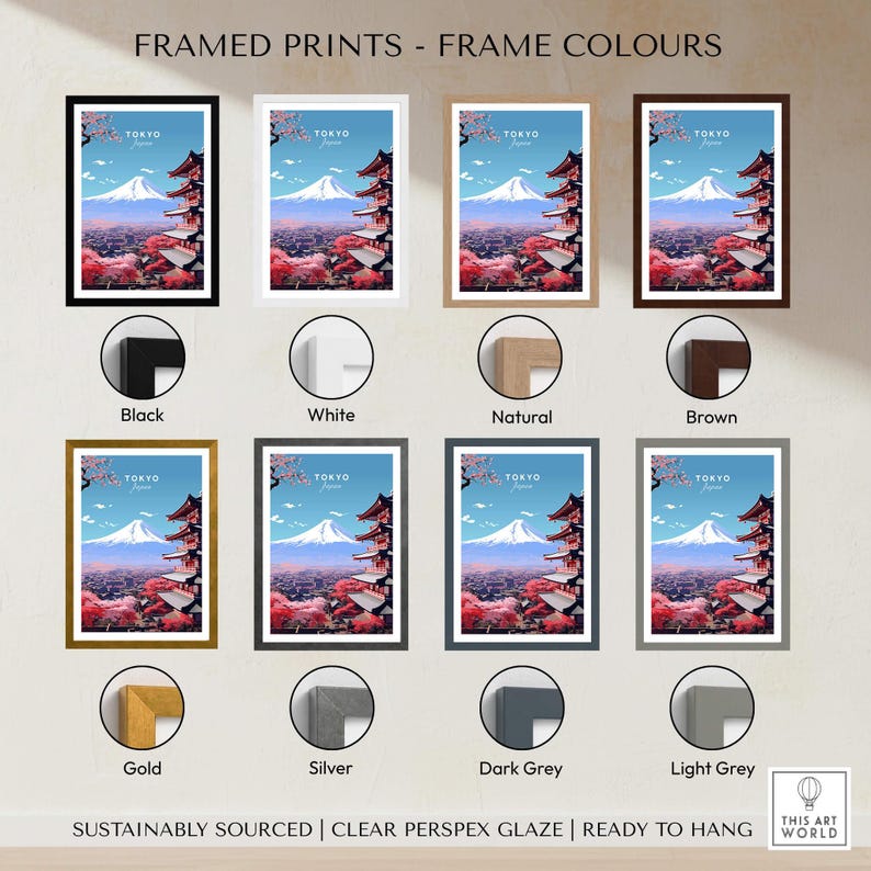 Tokyo Travel Poster framed prints in various colors including black, white, natural, brown, gold, silver, dark grey, and light grey.