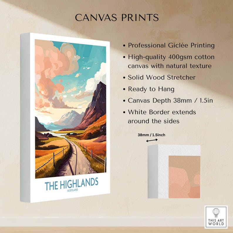 The Highlands Scotland Wall Art showcasing vibrant colors and stunning landscape details on quality canvas print.