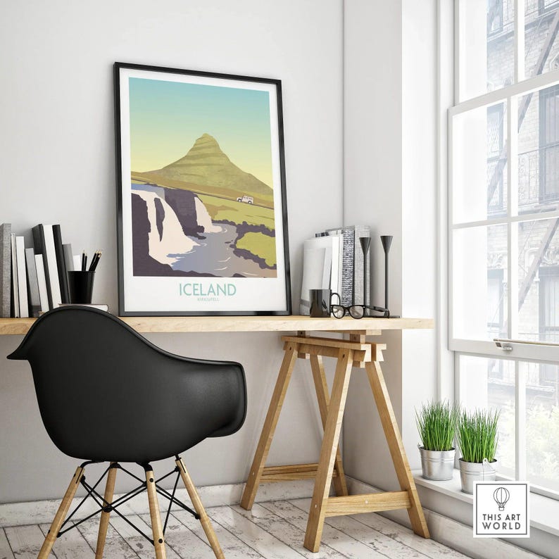 Iceland Kirkjufell travel poster print with waterfall and mountain, modern home office wall art decor