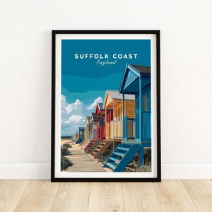 Suffolk Coast Beach Huts Print - Vibrant Colorful Seaside Wall Art, Coastal Home Decor, England Beach Illustration, Summer Gift