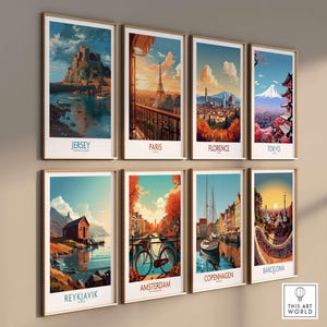 Jersey Channel Islands Art Print - Mont Orgueil Castle displayed among famous city art prints on a gallery wall.