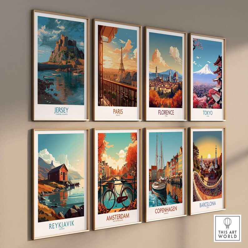 Jersey Channel Islands Art Print - Mont Orgueil Castle displayed among famous city art prints on a gallery wall.