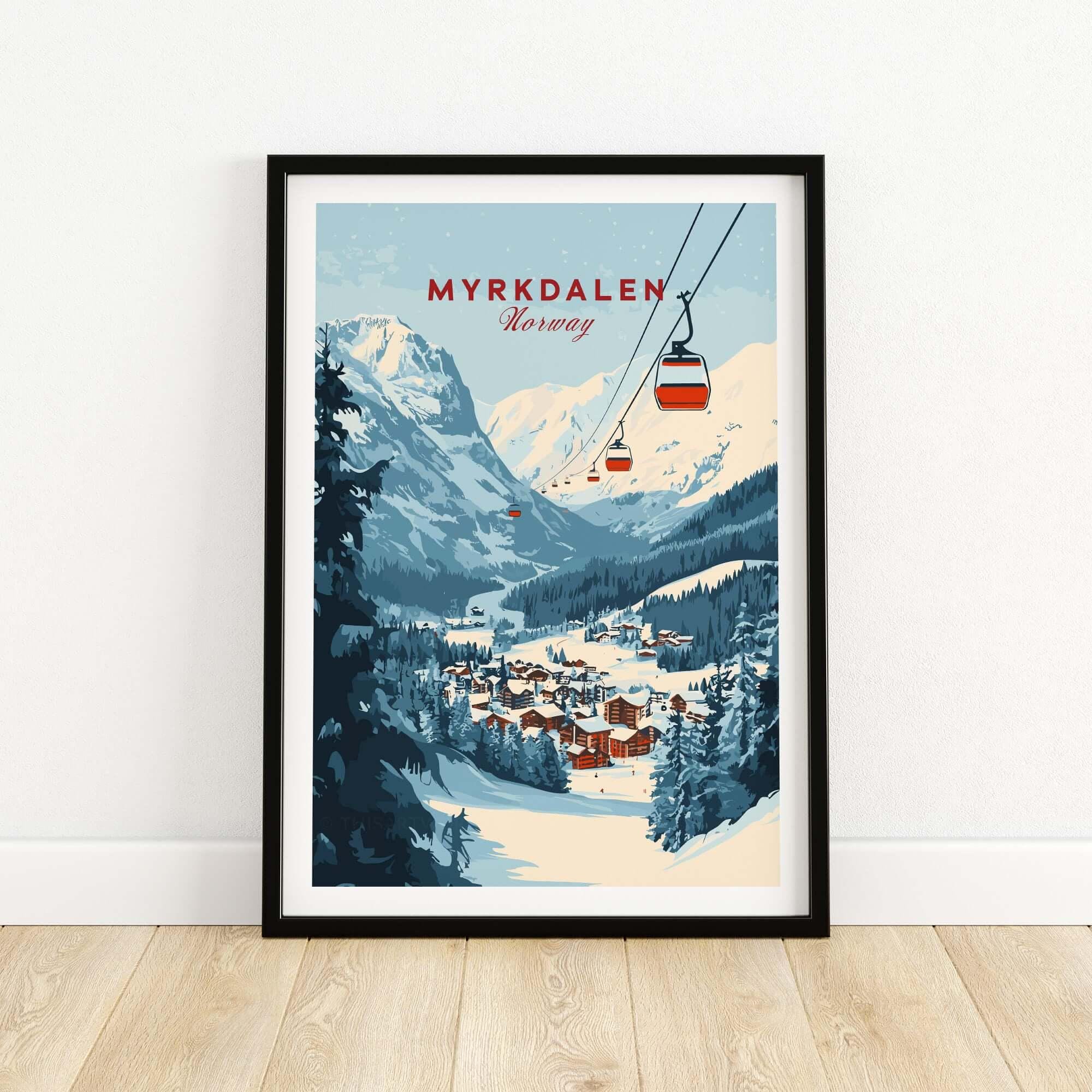 Myrkdalen Ski Poster Wall Art – Vintage Winter Skiing Decor for Winter Sports Lovers & Chalet Style Home