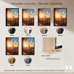 Paris Eiffel Tower Poster framed canvas options in black, white, natural, brown, gold, and silver finishes.