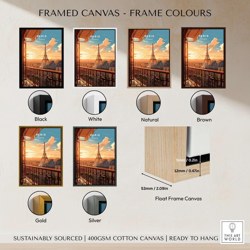 Paris Eiffel Tower Poster framed canvas options in black, white, natural, brown, gold, and silver finishes.