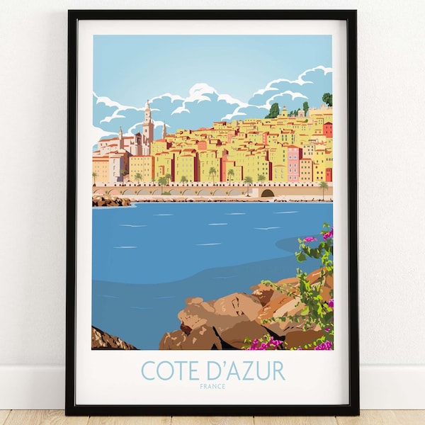 Pôster decorativo da Côte d'Azur | Impressão de pôster de viagem da Côte d'Azur, França | Presente da Côte d'Azur | Arte com e sem moldura