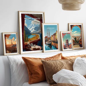 Orient Express Train Print | Vintage Rail Travel Decor displayed in a stylish modern interior with framed artwork.