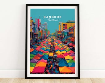 Póster de Bangkok, Tailandia: coloridas tiendas de mercado - Impresión vibrante de mercado callejero, arte mural tailandés, regalo de viaje a Bangkok, decoración urbana