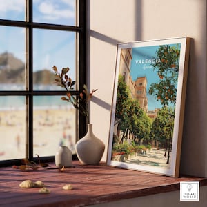 Valencia Spain Orange Tree Plaza Print - Historic City Street Poster Valencia Wall Decor Gift for Valencia Art Lovers