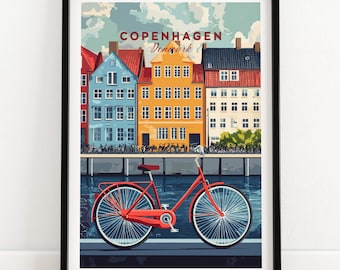 Copenhagen Travel Print Wall Art, Danish Design Poster, Vintage Style, Nostalgic Illustration, Home Decor Gift, Framed Artwork