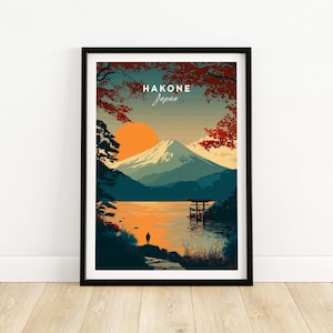 Hakone Japan Torii Gate Sunset Poster with Mount Fuji - Japanese Wall Art, Scenic Landscape Print for Home Decor