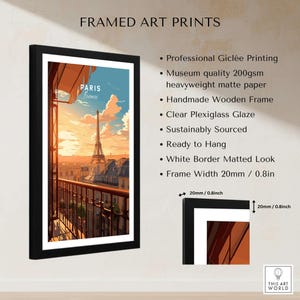 Framed Paris Eiffel Tower Poster showcasing Giclée printing, wooden frame, and vibrant sunset colors, ready to hang.