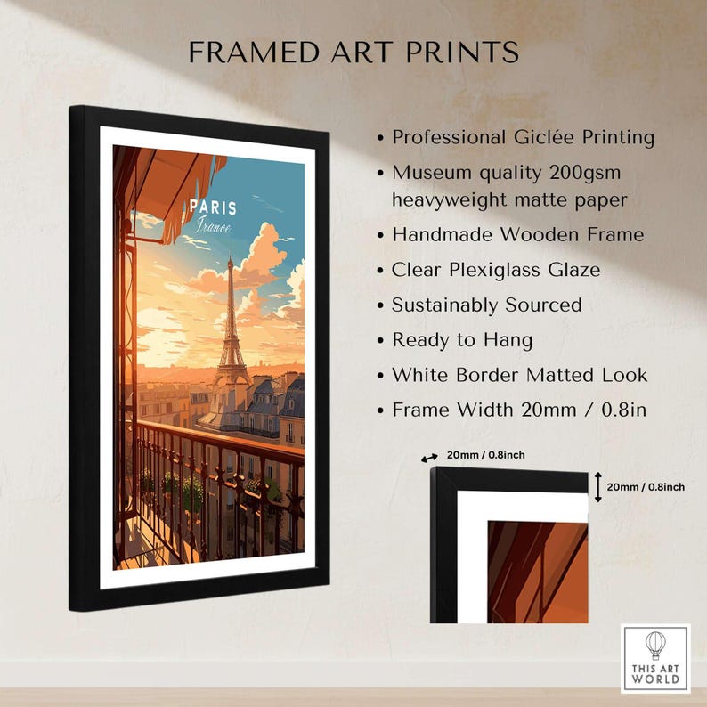 Framed Paris Eiffel Tower Poster showcasing Giclée printing, wooden frame, and vibrant sunset colors, ready to hang.