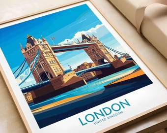 London Poster England London Art Print Tower Bridge Travel Print | Home Décor Poster Gift | Digital Illustration Artwork