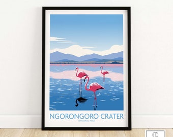 May include: A poster featuring a blue sky and mountains in the background. Three pink flamingos stand in a blue lake with a reflection of the flamingos in the water. The text "NGORONGORO CRATER NATIONAL PARK" is at the bottom of the poster.