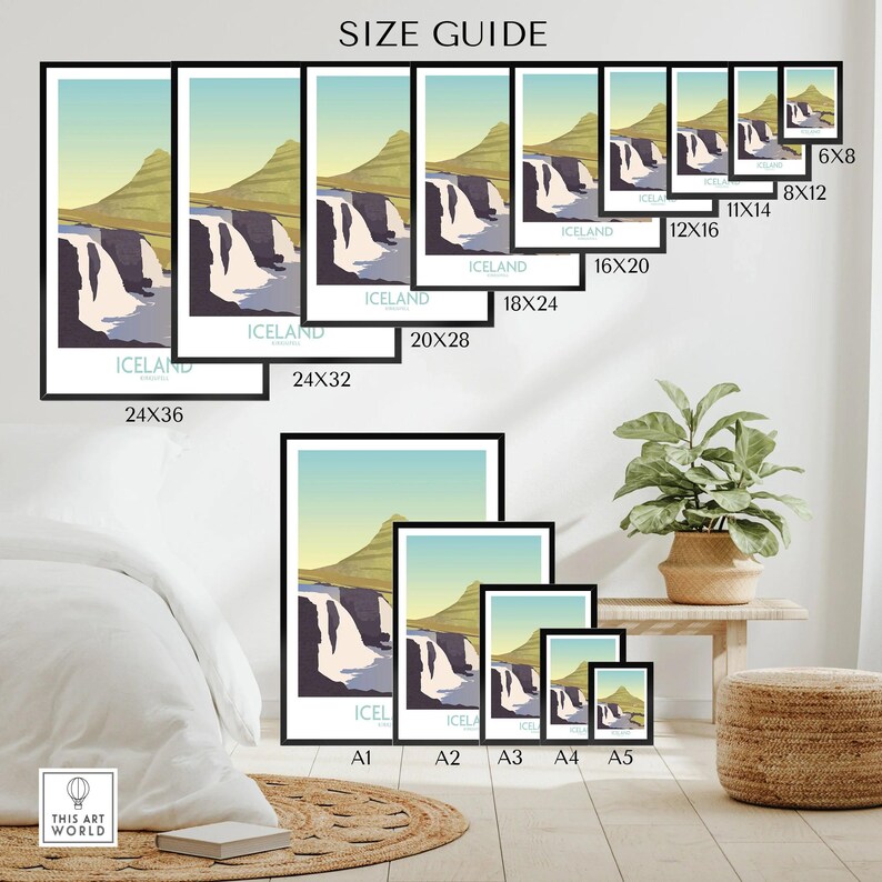 Iceland Kirkjufell travel poster size guide for wall art, available in multiple dimensions