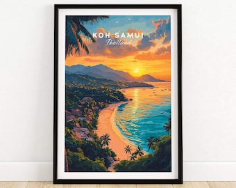 May include: Framed art print of Koh Samui, Thailand. The artwork depicts a vibrant sunset over a tropical beach with palm trees, mountains, and boats. The text "KOH SAMUI Thailand" is displayed at the top.