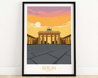 May include: A colorful illustration of the Brandenburg Gate in Berlin, Germany. The gate is a famous landmark and a symbol of German reunification. The illustration is set against a sunset sky with a few birds flying overhead.