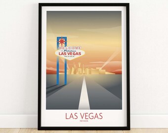 May include: A retro-style illustration of a road leading to the iconic "Welcome to Fabulous Las Vegas" sign with a sunset in the background. The text "Las Vegas, Nevada" is at the bottom of the image.