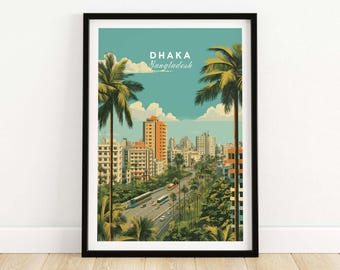 Póster de Dhaka, Bangladesh, arte mural, impresión vintage de la ciudad de Dhaka, decoración de viaje para el hogar, regalo de ilustración urbana