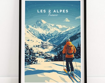 Les 2 Alpes Ski Print France Mountain Art Ski Lodge Wall Decor Winter Sports Artwork Mountain Home Alpine Chalet Gift Adventure Sport Resort
