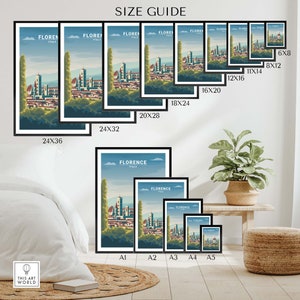 May include: Size guide for a print of a vintage travel poster featuring a cityscape of Florence, Italy. The poster is available in 10 different sizes, ranging from 6x8 inches to 24x36 inches.