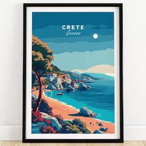 Crete Island Greece Travel Poster, Blue Waters Decor, Vintage Style Print, Wanderlust Wall Art, Greek Island Gift, Giclée Color Artwork