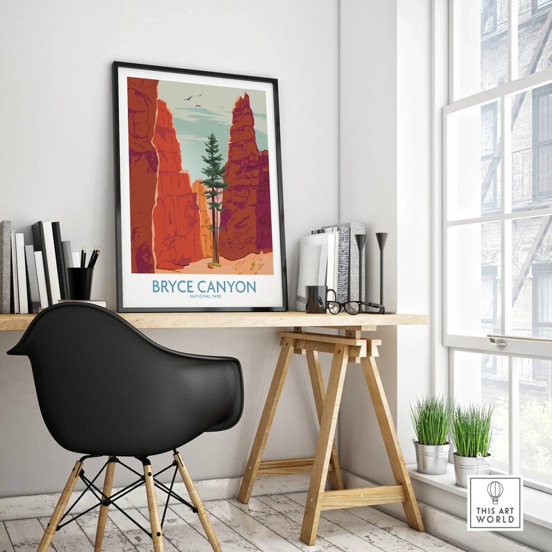 Bryce Canyon National Park travel poster in black frame on modern office desk