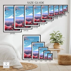 Size guide for Tokyo travel poster showing various frame sizes and vibrant mountain and cherry blossom design.