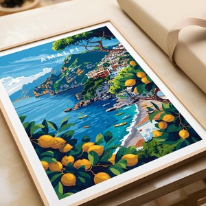 May include: A colorful illustration of Amalfi, Italy, with a view of the town and the Mediterranean Sea. The image features a lemon tree in the foreground with yellow lemons and green leaves.