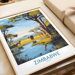 Zimbabwe Safari Poster, African Wildlife Wall Art, Giraffe Decor, Elephant Print, Nature Illustration, Travel Gift, Living Room Accent