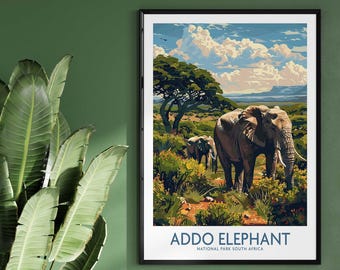 May include: A framed art print featuring a vibrant landscape of Addo Elephant National Park in South Africa. The artwork depicts several elephants in a grassy field under a blue sky with fluffy clouds. The text "Addo Elephant National Park South Africa" is at the bottom.