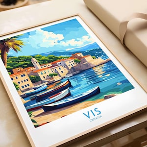 May include: A colorful illustration of a town on the coast of Croatia. The town is built on a hill overlooking a bay with boats docked in the water. The sky is blue with white clouds. The text "Vis, Croatia" is printed at the bottom of the image.
