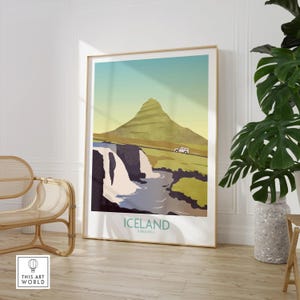 Iceland Kirkjufell travel poster with mountain, waterfall, and car, framed wall art for home decor