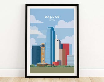Dallas Cityscape Art Print, Reunion Tower Skyline Poster, Texas Urban Wall Decor, Framed and Unframed Styles, Vintage Travel Gift for Fans